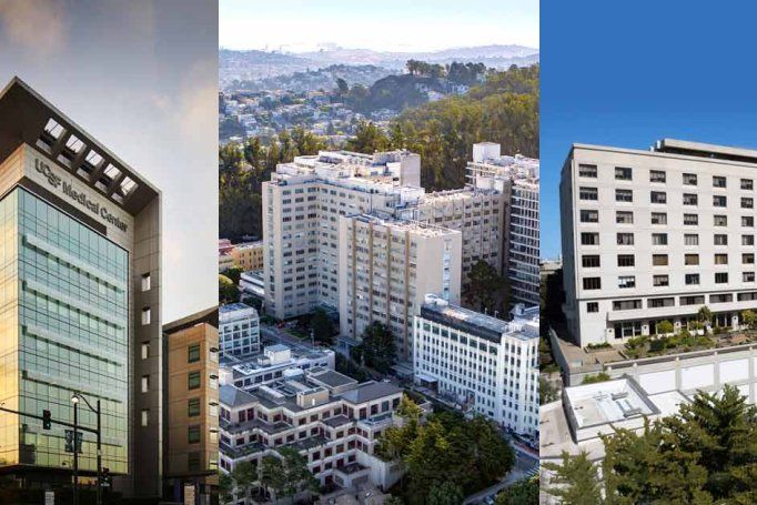 Composite photo of the U C S F hospitals in Mission Bay, Parnassus Heights, and St. Mary's Medical Center.