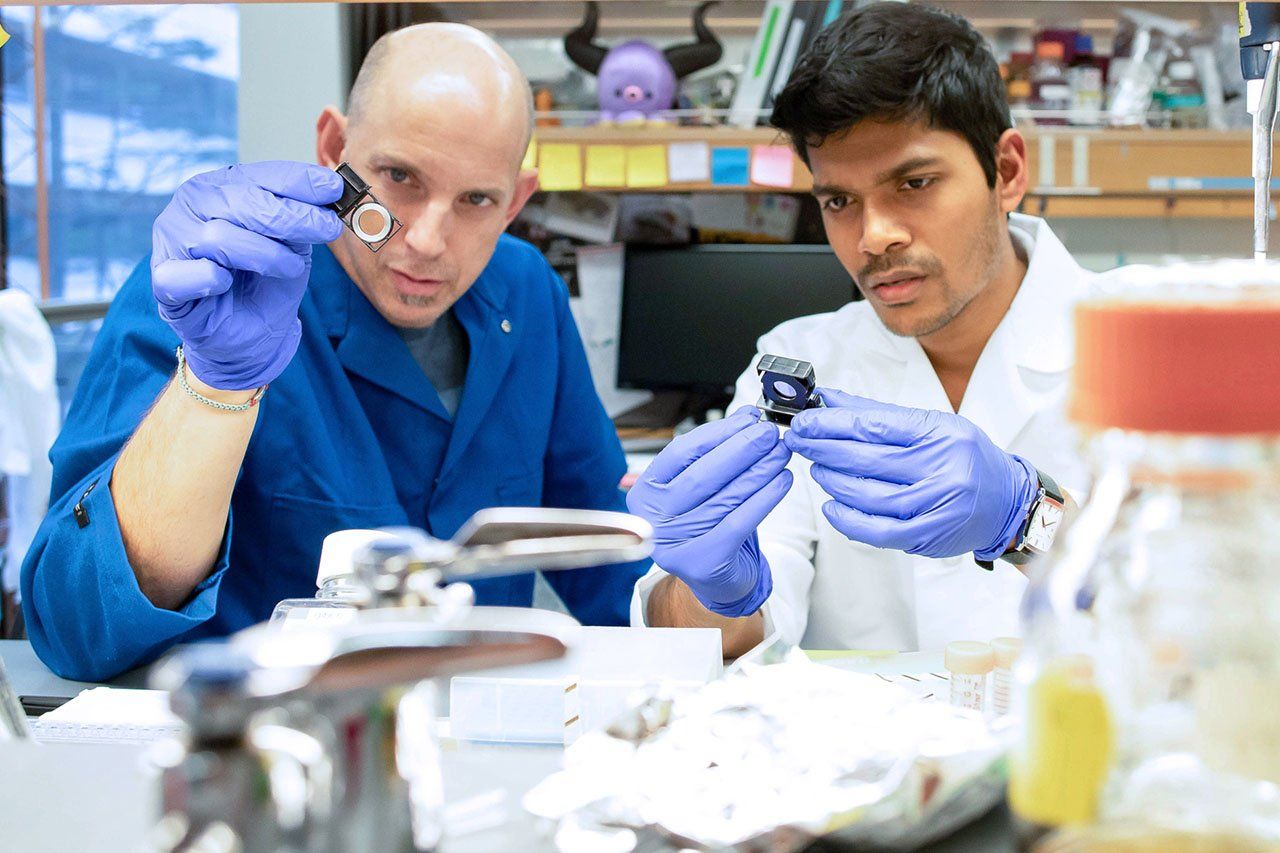 Max Krummel and Arja Ray at a lab bench