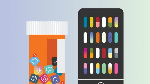 Illustration of a pill bottle with smartphone app symbols in it, and a smartphone with pills on the screen.