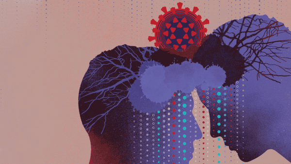 Illustration of silhouettes of two people touching foreheads, with a coronavirus symbol above them.