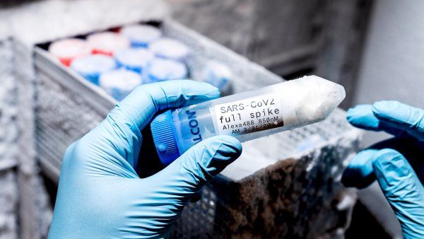 lab worker holds vial of COVID-19 sample