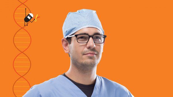 Portrait of Theo Roth, MD-PhD, in blue surgeon scrubs in front of an orange background; over his right shoulder is an illustrated double helix DNA strand with a little black oval shaped cartoon in a surgeon cap and mask holding scissors, hanging from the double helix.