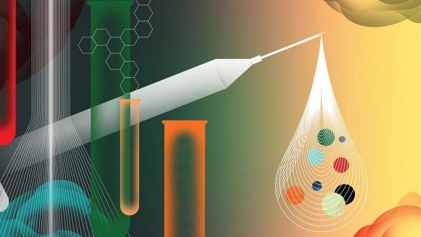 Illustration of a beakers, test tubes, and a hypodermic needle; from the needle flows a large droplet shape made of lines and colored circles; amorphous plumes come in from the edges. 