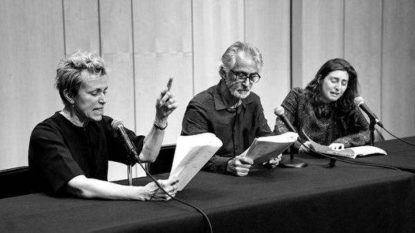 From left to right: Frances McDormand, David Strathairn and Marjolaine Goldsmith read selected scenes from Sophocles' Ajax at UCSF’s Cole Hall.