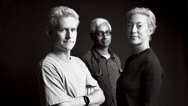 Black and white portrait of Joseph DeRisi (left), Jayant Rajan (center), Christine Sheridan (right).