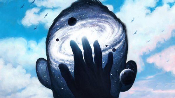 Illustration of the silhouette of a person’s head; behind the person is a beautiful blue sky with fluffy clouds; inside the head is a swirling galaxy, with a hand reaching in. 