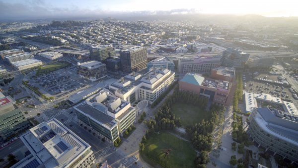 drone image shows aerial view of UCSF Mission Bay campus