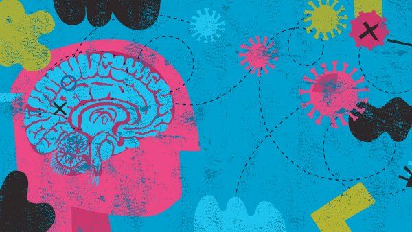 illustration of a brain with COVID-19 viruses circling around