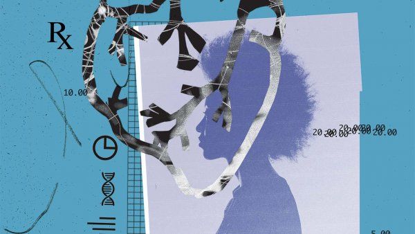 Collage photo illustration of a photo of a black woman, graph paper, charts and graphs symbols, dna symbol, Rx symbol, pen scribbles, and the anatomy of a human heart.