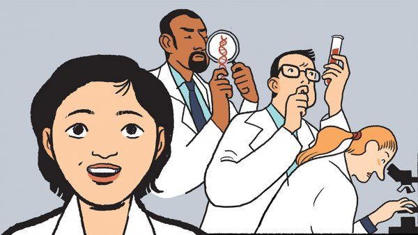 Comic-style illustration of a female doctor in the foreground, and three scientists in the background examining specimens with a microscope, test tube, and magnifying glass.