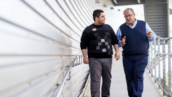 Ruben Espinoza and Michael Lopez at the UCSF’s Ray and Dagmar Dolby Regeneration Medicine Building.