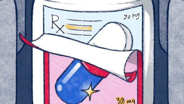 Illustration of a pill bottle with a colorful label being pulled off to reveal a dull looking label for the same drug.