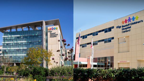 split image of exterior of UCSF Benioff Children's hospitals San Francisco and Oaklan