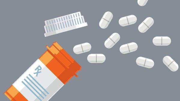 Illustration of an RX pill bottle and medication pills