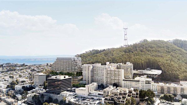 An aerial view of the Parnassus campus as it would look with the new hospital