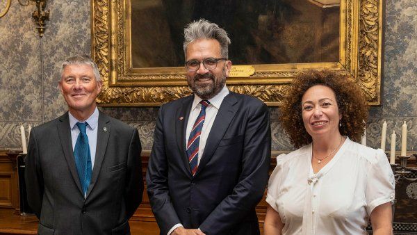 Stewart Cole, President of Institut Pasteur stands on the left; Negan Krogan of UCSF stands in the Center, and Carla Saleh stands on the right