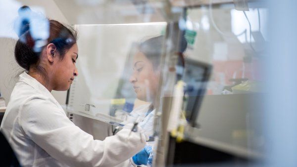 A female Hispanic researcher wearing a lab coat works in a laboratory