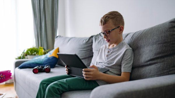 A male child sits on a living room couch and looks at an ipad