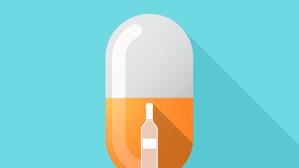 Illustration of a large pill and a small wine bottle.