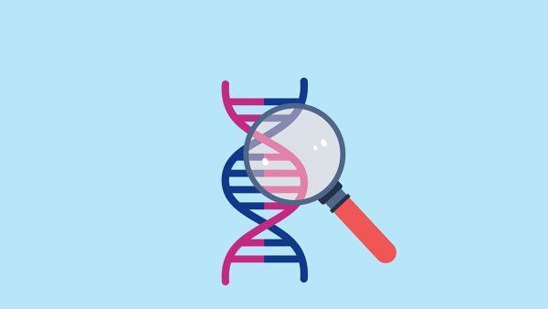 A graphic illustration of a DNA sequence and a magnifying glass.