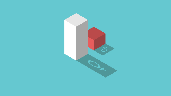 A 3D illustration of a bar graph with a longer whtie bar and a shorter red bar, showing that men have a shorter lifespan than women.