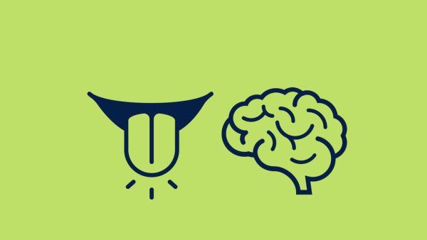 Two graphic icons of a tongue and a brain signify how taste signal to the brain that we are eating.