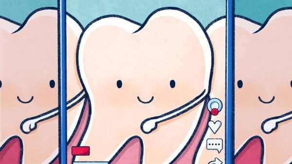 Illustration of a cute teeth doing the "flossing" dance behind a cell phone with TikTok engagement meters.