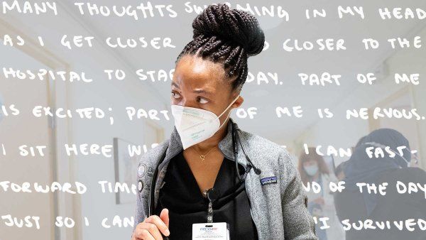 A new medical resident named Kelechi Okapara, who is a young Black woman, wears a KN-95 mask and black medical scrubs and holds a notebook while she takes notes. In the backround is handwriting that shows her inner thoughts as she leaves to start her first day of residency.