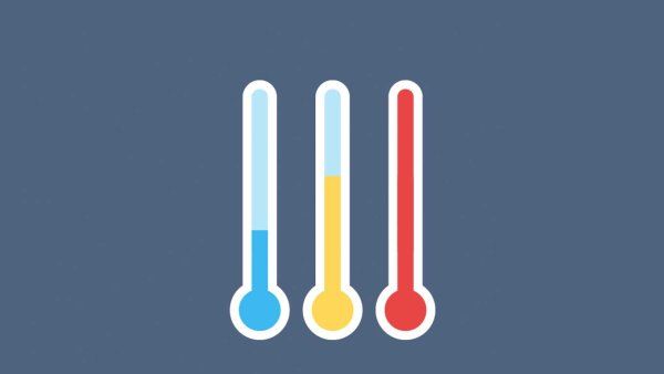 An illustration of three thermometers showing low temperature in blue, mild temperature in yellow, and high temperature in red.