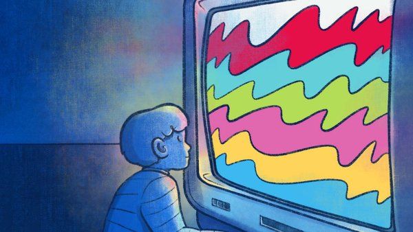 Illustration of a young child sitting directly in front of a TV with colorful screen waves.