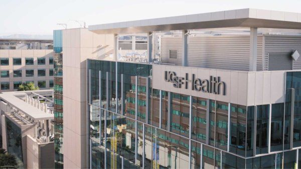 An exterior shot of the UCSF Medical Center, with signage that reads "UCSF Health."