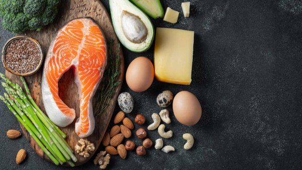 Foods for ketogenic diets, which include high-fat foods like salmon, avocado, eggs, nuts, broccoli, asparagus, and cheese.