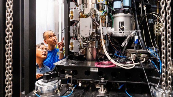 Yifan Cheng and Stephen Nishimura look up at a large, complex electron microscope.