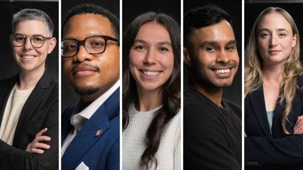 Five leaders in business attire pose in separate portraits.