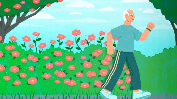 Illustration of an older person with white hair walking along a path surrounded by pink flowers and greenery under a blue sky.