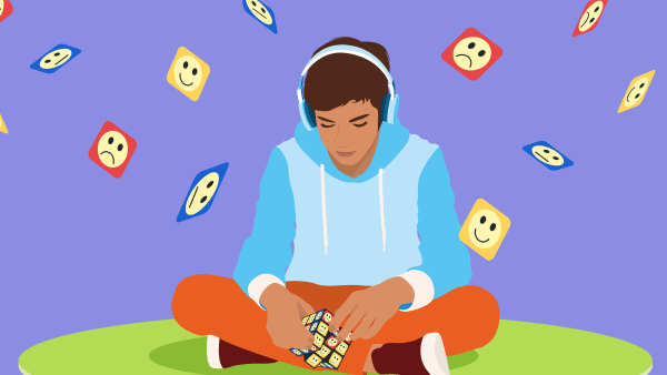 Illustration of a boy sitting on a carpet wearing headphones with music notes around him