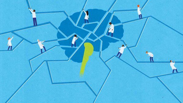An illustration depicting neurodegenerative disease, where many doctors are working on piecing together a fractured brain.