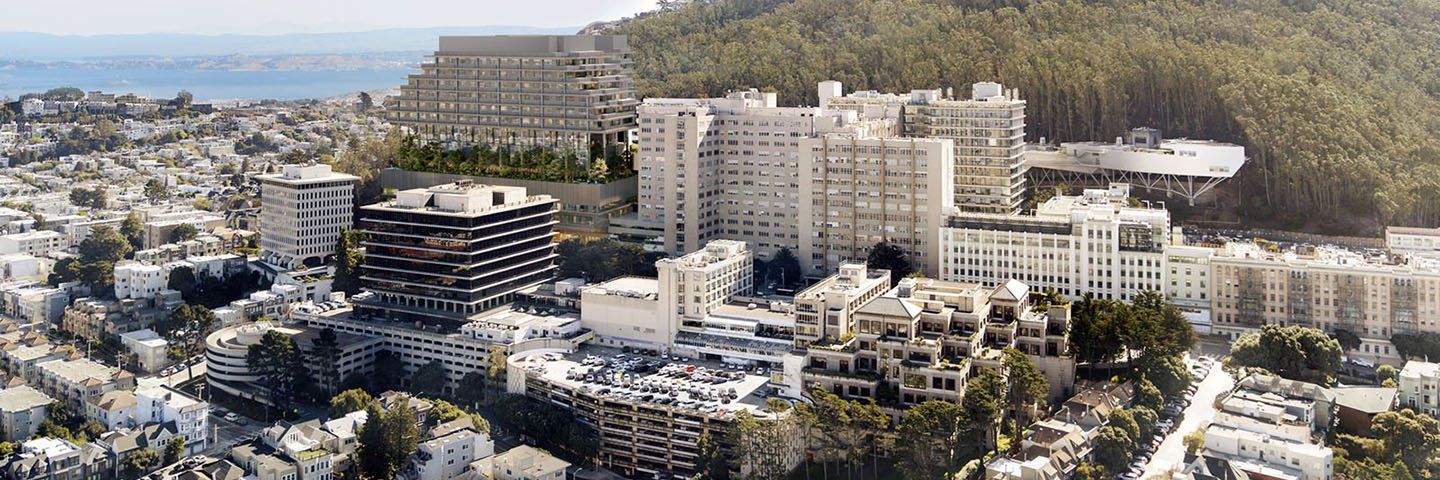 An aerial view of the Parnassus Heights campus with a rendering of the new hospital