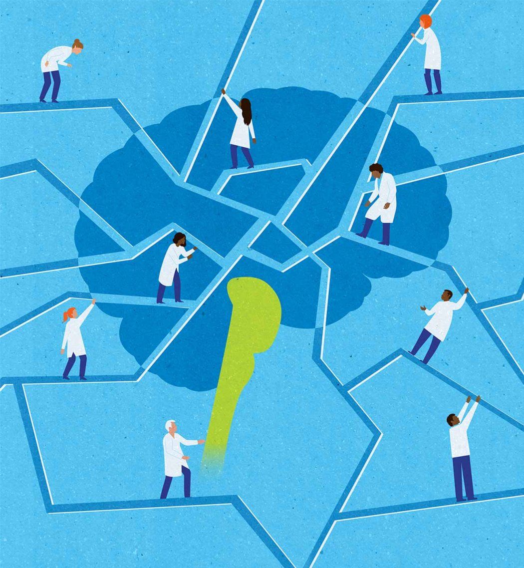 An illustration depicting neurodegenerative disease, where many doctors are working on piecing together a fractured brain.